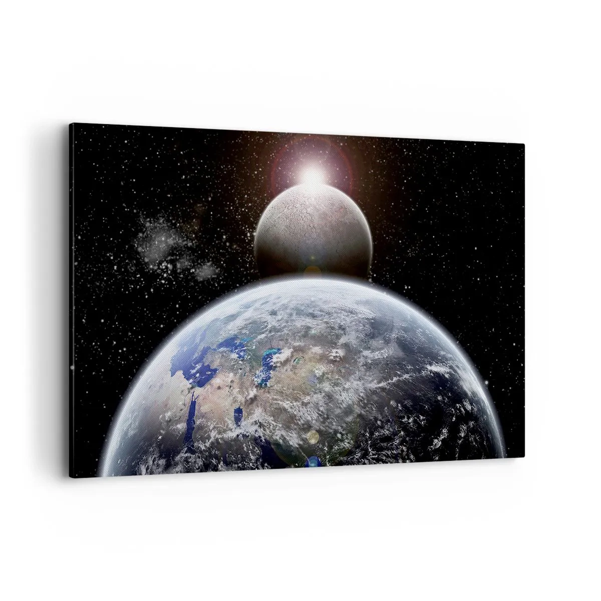 Quadro su tela - Stampe su Tela - Il pianeta Terra e la Luna sullo sfondo dello spazio stellato. - 120x80cm - Paesaggio cosmico: sorgere del sole - Decorazione murale moderna per soggiorno e camera da letto ARTTOR
