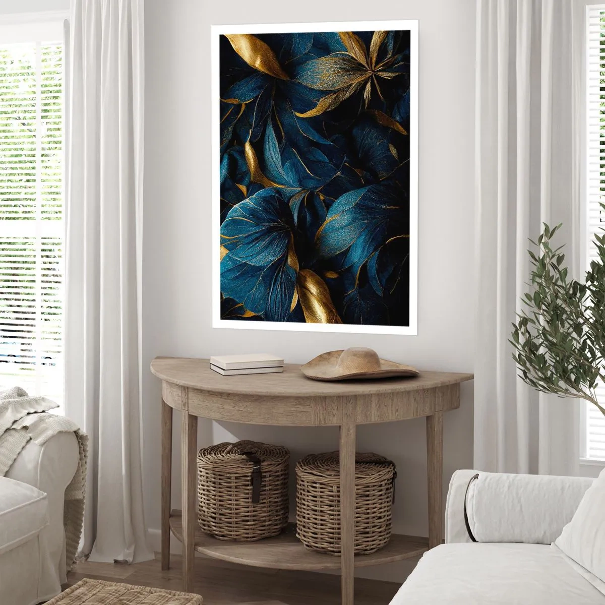 Poster - Foglie dorate su uno sfondo blu navy intenso - 50x70cm - Foderati d'oro - Decorazione murale moderna per soggiorno e camera da letto ARTTOR