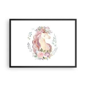 Poster in cornice nera - Un unicorno dai colori pastello circondato da fiori - 70x50cm - Invito nel mondo delle favole - Decorazione murale moderna per soggiorno e camera da letto ARTTOR