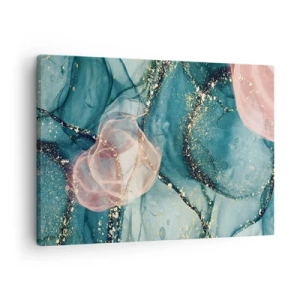 Quadro su tela - Stampe su Tela - Una composizione astratta nei toni del turchese e dell'oro. - 70x50cm - Blu di seta, rosa di tulle - Decorazione murale moderna per soggiorno e camera da letto ARTTOR