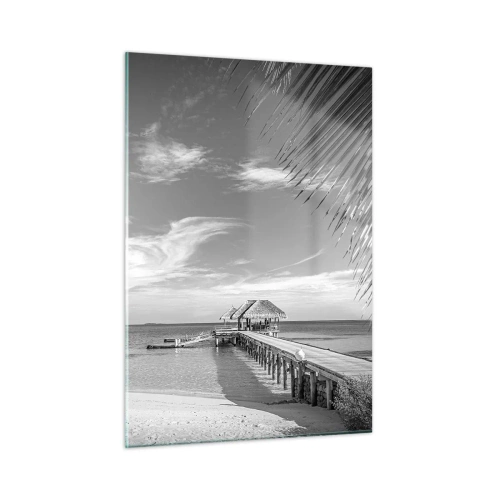Quadro su vetro - Ripresa in bianco e nero di una spiaggia tropicale con un molo - 50x70cm - Un ricordo o un sogno? - Decorazione murale moderna per soggiorno e camera da letto ARTTOR