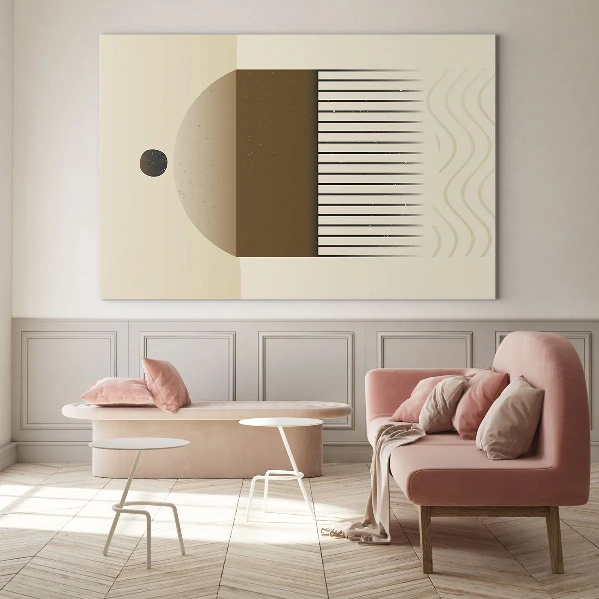 Quadro su vetro - Astrazione beige e marrone con forme e linee geometriche - 120x80cm - Diversi stati - Decorazione murale moderna per soggiorno e camera da letto ARTTOR