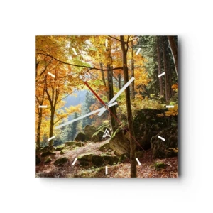 Orologio da parete - Orologio in Vetro - Una foresta autunnale piena di foglie dorate e luce solare - 30x30cm - Il tempo del riposo - Decorazione murale moderna per soggiorno e camera da letto ARTTOR