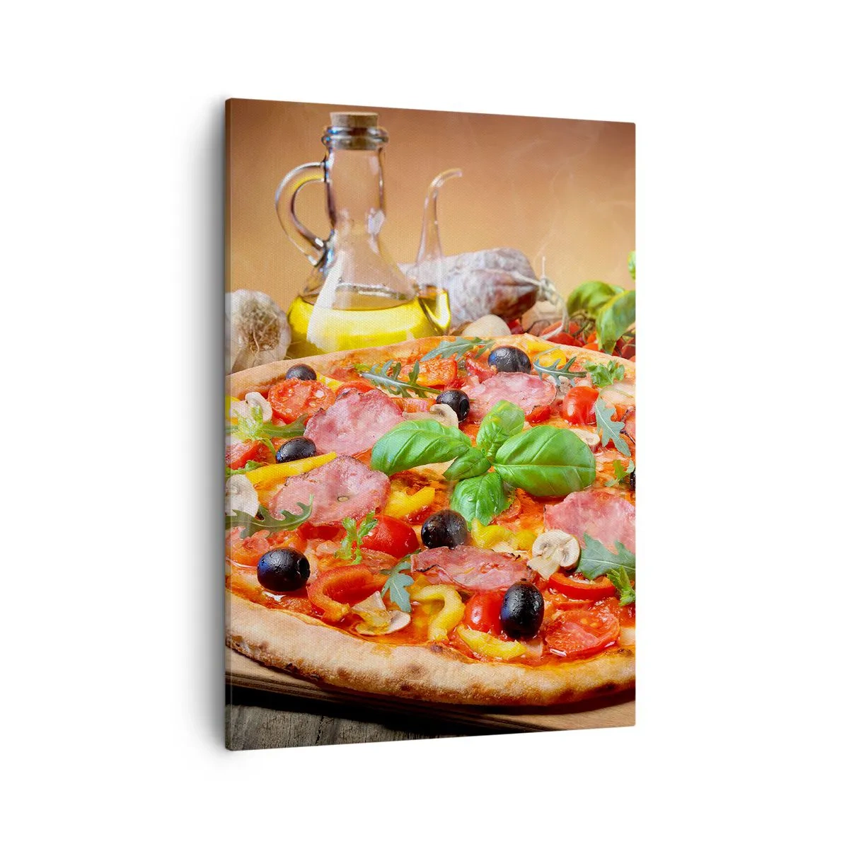 Quadro su tela - Stampe su Tela - Pizza appetitosa su un tavolo di legno con condimenti - 50x70cm - Con gusto veramente italiano - Decorazione murale moderna per soggiorno e camera da letto ARTTOR