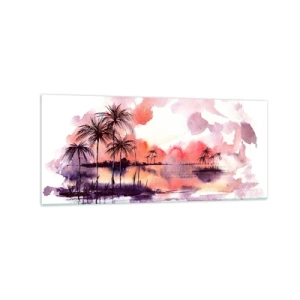 Quadro su vetro - Paesaggio tropicale con palme al tramonto in acquerello - 120x50cm - Pace dei tropici in rosso - Decorazione murale moderna per soggiorno e camera da letto ARTTOR