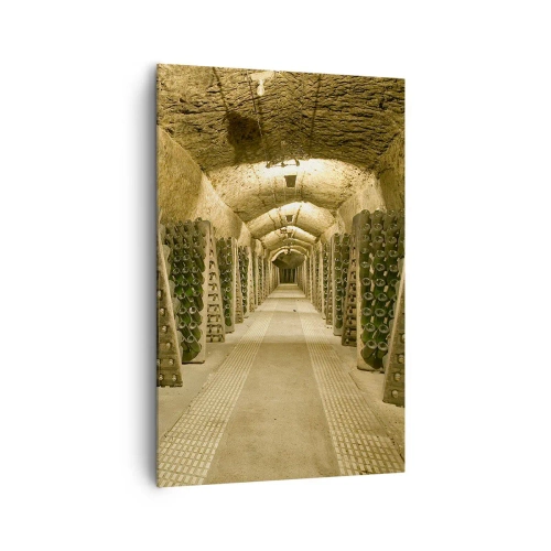 Quadro su tela - Stampe su Tela - Un vigneto con una cantina piena di bottiglie di vino esposte su scaffali di legno. - 80x120cm - Nascita del sapore - Decorazione murale moderna per soggiorno e camera da letto ARTTOR