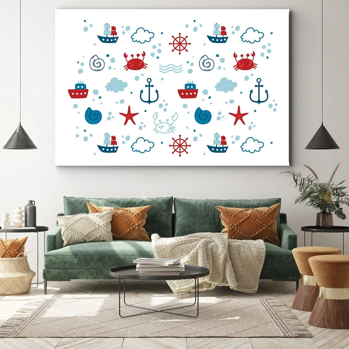 Quadro su tela - Stampe su Tela - Motivo nautico con ancore, navi e granchi - 70x50cm - Favola nel mare - Decorazione murale moderna per soggiorno e camera da letto ARTTOR