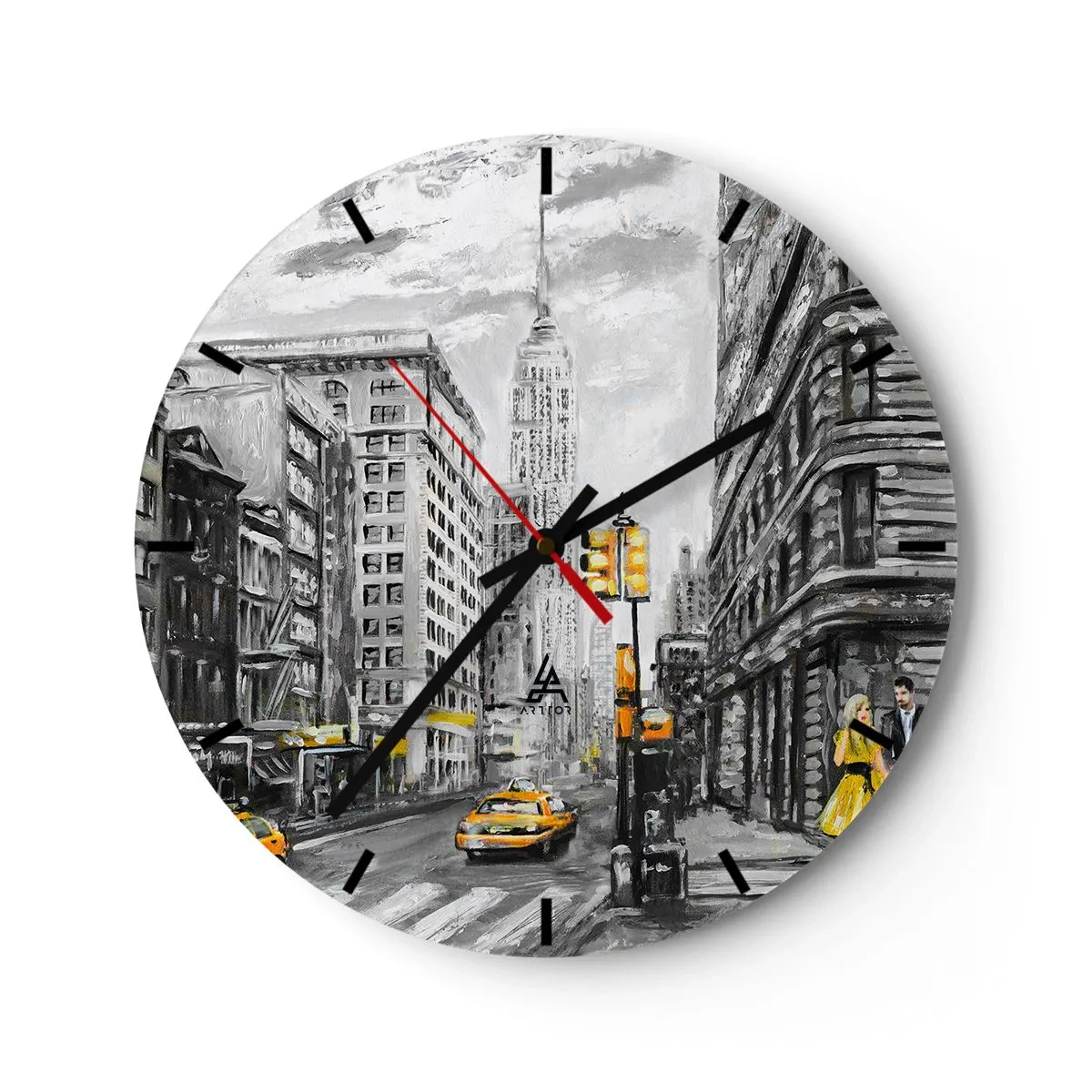 Orologio da parete - Orologio in Vetro - Una vista pittoresca di New York City con i taxi sulla strada - 30x30cm - Racconto di New York - Decorazione murale moderna per soggiorno, cucina e camera da letto ARTTOR