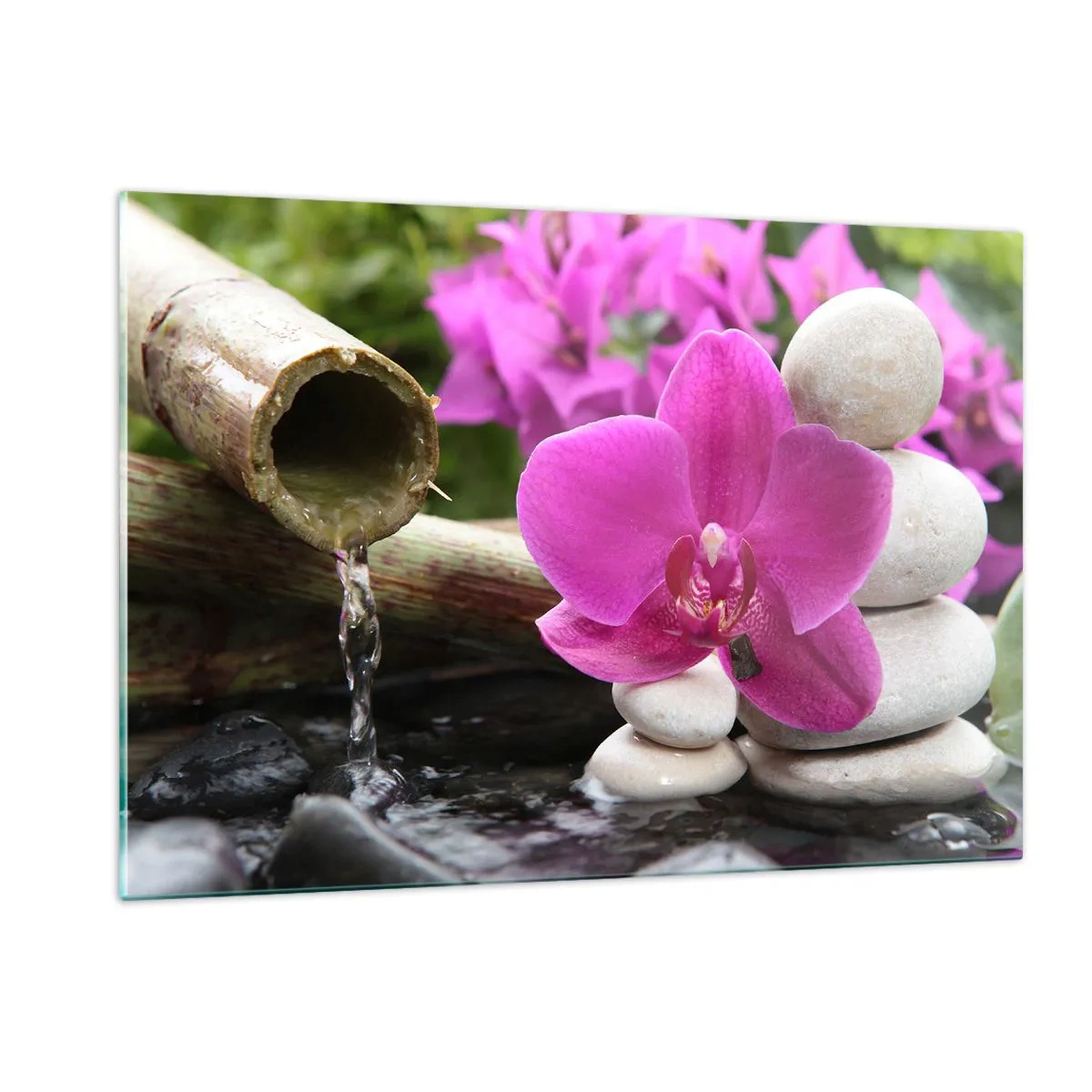 Quadro su vetro - Orchidea viola, pietre e cascata di bambù - 120x80cm - E già ti riposi - Decorazione murale moderna per soggiorno e camera da letto ARTTOR
