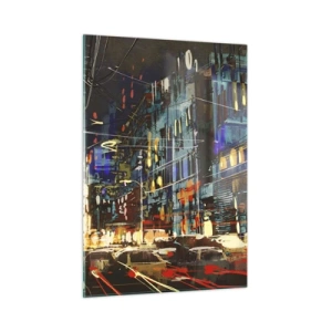 Quadro su vetro - Strada cittadina serale con luci al neon e traffico - 50x70cm - Frastuono serale della strada - Decorazione murale moderna per soggiorno e camera da letto ARTTOR
