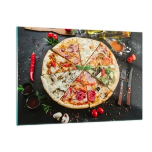 Quadro su vetro - Pizza in vari gusti con condimenti su sfondo scuro - 120x80cm - Ventaglio di gusti - Decorazione murale moderna per soggiorno e camera da letto ARTTOR