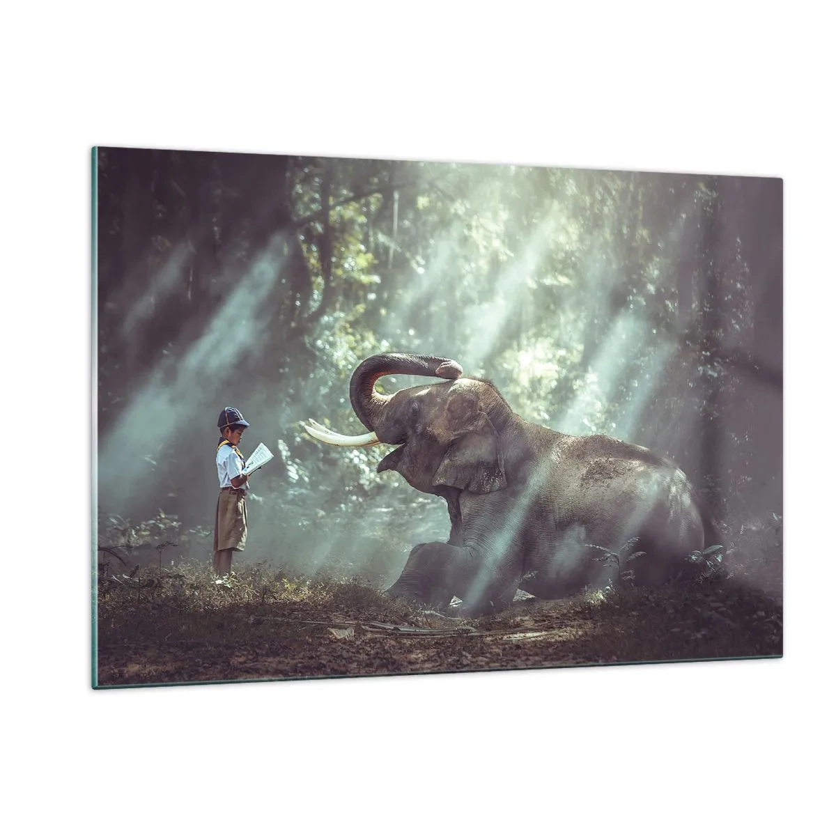 Quadro su vetro - Un ragazzo con un libro e un elefante in una foresta - 120x80cm - Ascoltalo… - Decorazione murale moderna per soggiorno e camera da letto ARTTOR