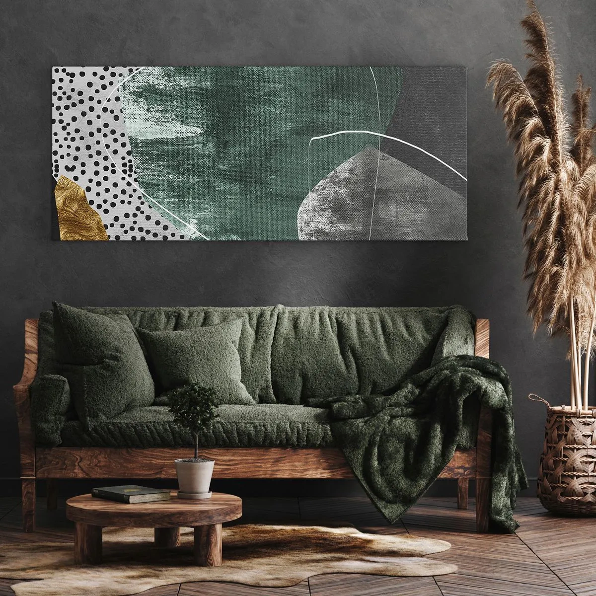 Quadro su tela - Stampe su Tela - Composizione astratta con forme verdi e motivi a pois - 120x50cm - Astrazione colorata con petalo d'oro - Decorazione murale moderna per soggiorno e camera da letto ARTTOR