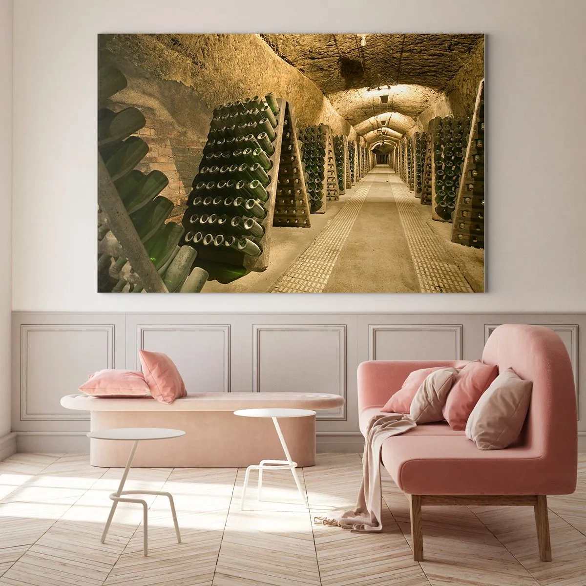 Quadro su vetro - Una cantina con bottiglie di vino invecchiate in file - 70x50cm - Nascita del sapore - Decorazione murale moderna per soggiorno e camera da letto ARTTOR