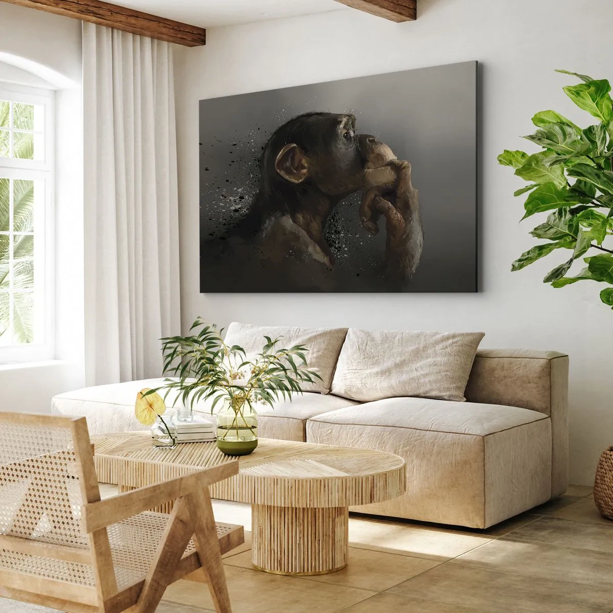 Quadro su tela - Stampe su Tela - Ritratto di una scimmia in posa riflessiva su uno sfondo grigio - 70x50cm - Sicuramente un pensatore - Decorazione murale moderna per soggiorno e camera da letto ARTTOR