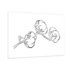Quadro su vetro - Uno schizzo minimalista di un ramo di cotone disegnato con linee nere. - 100x70cm - Piumino di cotone - Decorazione murale moderna per soggiorno e camera da letto ARTTOR