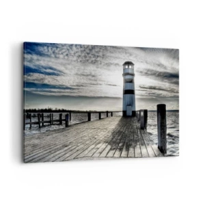 Quadro su tela - Stampe su Tela - Faro su un molo di legno con vista sul mare. - 100x70cm - Marinai, vi aspettiamo - Decorazione murale moderna per soggiorno e camera da letto ARTTOR