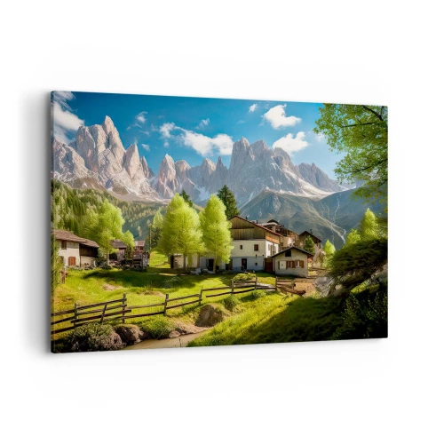 Quadro su tela - Stampe su Tela - Un villaggio di montagna con case e vista sulle Alpi - 120x80cm - Idillio alpino - Decorazione murale moderna per soggiorno e camera da letto ARTTOR