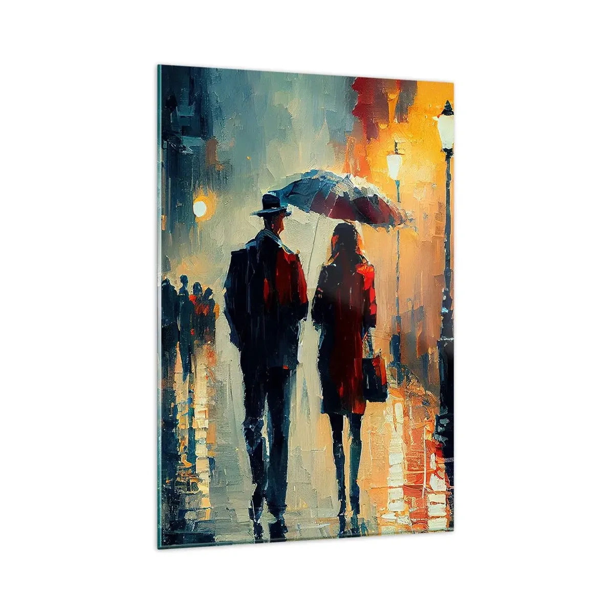 Quadro su vetro - Camminare sotto la pioggia sotto un ombrello in città di notte - 80x120cm - Love story cittadina - Decorazione murale moderna per soggiorno e camera da letto ARTTOR