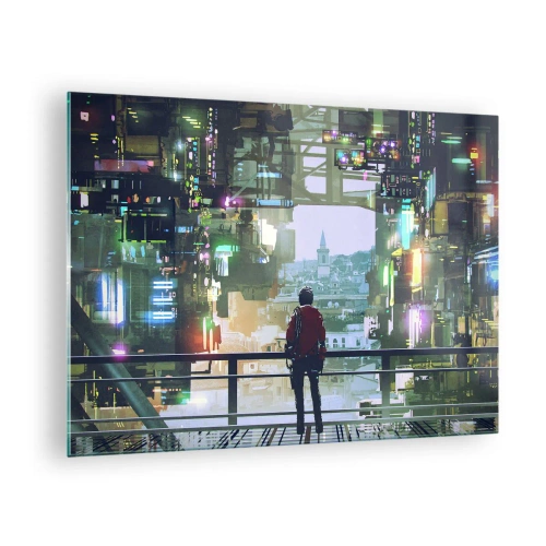 Quadro su vetro - Una figura sullo sfondo di una città futuristica con vista sulla città vecchia - 70x50cm - Due mondi - Decorazione murale moderna per soggiorno e camera da letto ARTTOR