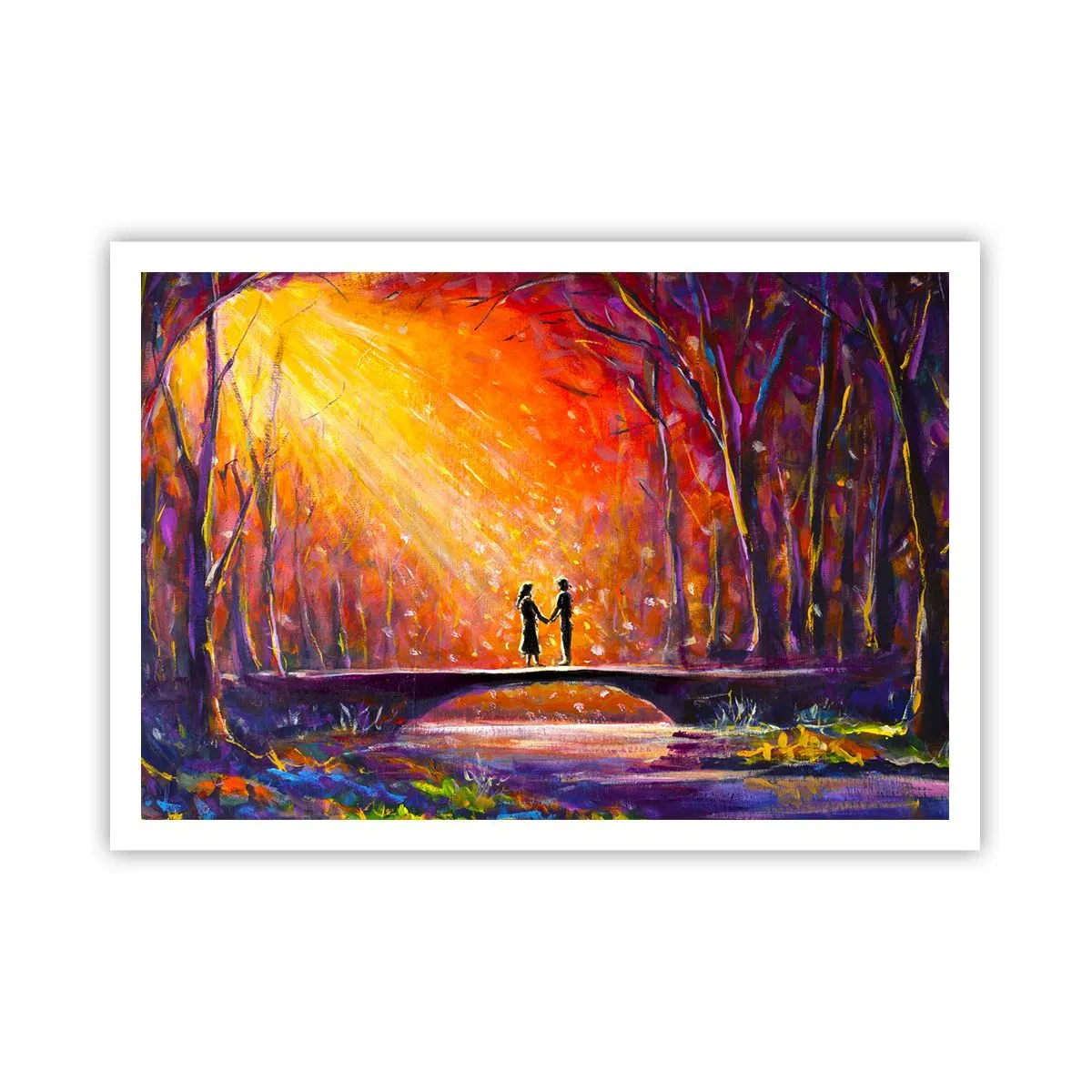 Poster - Coppia romantica su un ponte nella foresta autunnale - 100x70cm - Anche il cielo li ama - Decorazione murale moderna per soggiorno e camera da letto ARTTOR