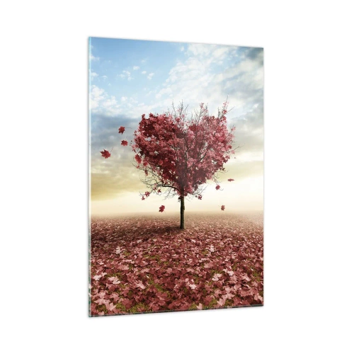 Quadro su vetro - Un albero a forma di cuore contro un campo di foglie rosse - 50x70cm - Ama questo autunno - Decorazione murale moderna per soggiorno e camera da letto ARTTOR