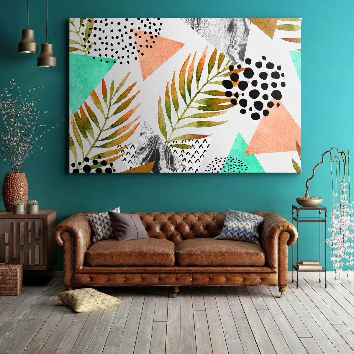 Quadro su tela - Stampe su Tela - Motivo tropicale con foglie e forme geometriche - 100x70cm - Decorazione con foglie di palma - Decorazione murale moderna per soggiorno e camera da letto ARTTOR