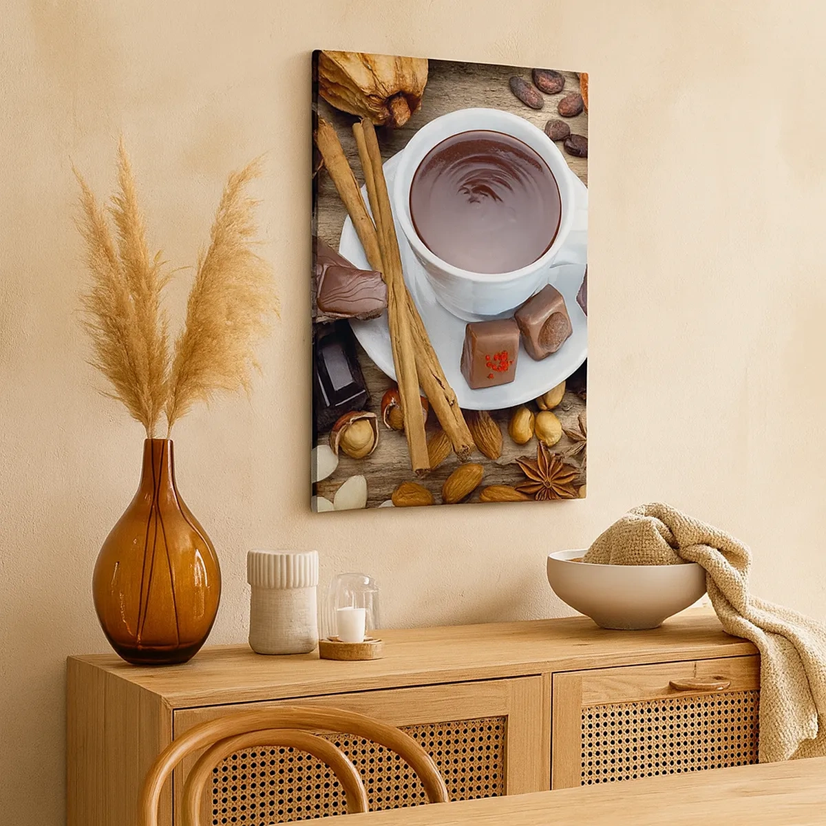 Quadro su tela - Stampe su Tela - Una tazza di cioccolata calda circondata da ingredienti per dessert - 50x70cm - Dalla fantastica fabbrica di cioccolato - Decorazione murale moderna per soggiorno e camera da letto ARTTOR