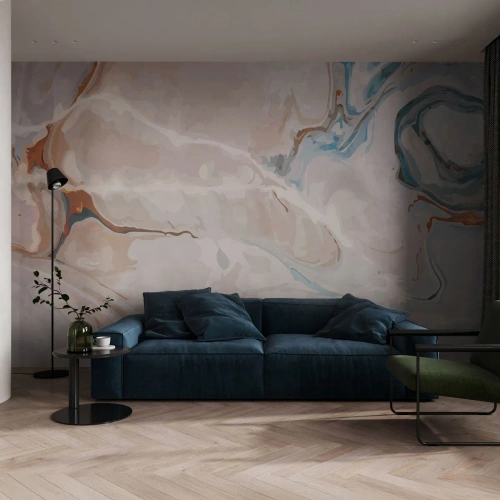 Fotomurale su misura Premium Sand - Meandri blu sotto il bianco - Astrazione, Pezzo, Modello moderno
