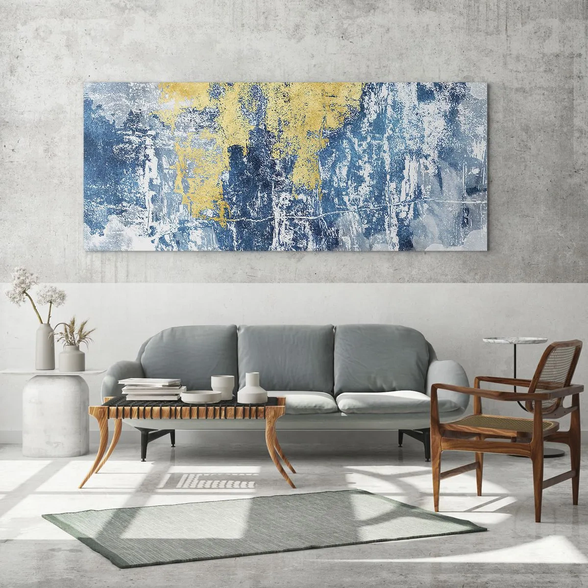 Quadro su vetro - Astrazione nei toni del blu e del giallo - 140x50cm - Astrazione piena di ottimismo - Decorazione murale moderna per soggiorno e camera da letto ARTTOR
