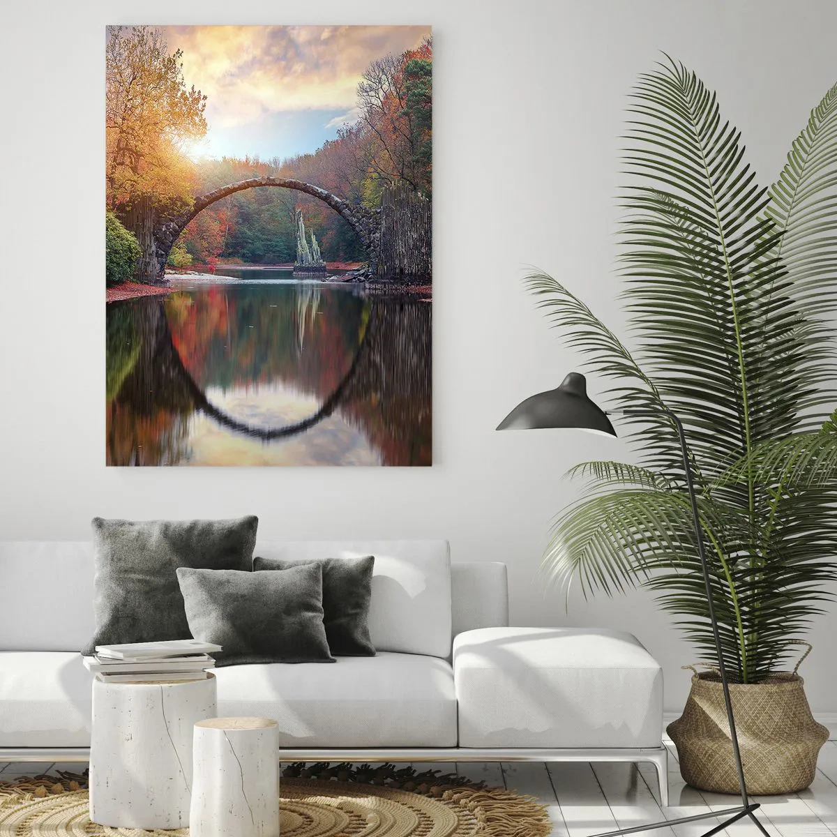 Quadro su vetro - Un ponte di pietra riflesso in un lago in mezzo a una foresta autunnale - 50x70cm - Dall'altro lato dello specchio - Decorazione murale moderna per soggiorno e camera da letto ARTTOR