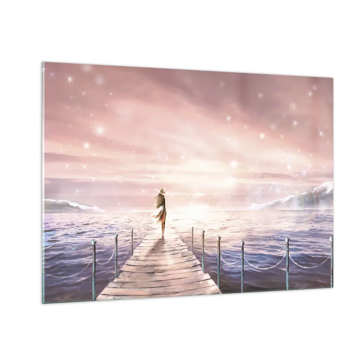 Quadro su vetro - Donna sul molo al tramonto - 100x70cm - Alla luce del sogno - Decorazione murale moderna per soggiorno e camera da letto ARTTOR