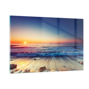 Quadro su vetro - Tramonto sulla spiaggia con onde dolci e mare calmo - 120x80cm - Cosa c'è dietro l'orizzonte? - Decorazione murale moderna per soggiorno e camera da letto ARTTOR