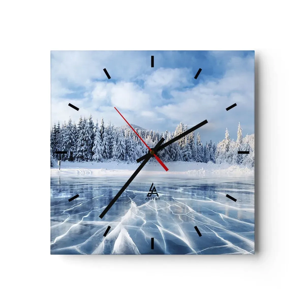 Orologio da parete - Orologio in Vetro - Un lago ghiacciato circondato da una foresta innevata - 30x30cm - Vista lucente e cristallina - Decorazione murale moderna per soggiorno e camera da letto ARTTOR