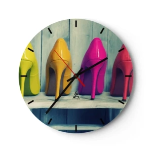 Orologio da parete - Orologio in Vetro - Spilli colorati su uno scaffale di legno con uno sfondo chiaro - 30x30cm - A passeggio sull'arcobaleno - Decorazione murale moderna per soggiorno, cucina e camera da letto ARTTOR