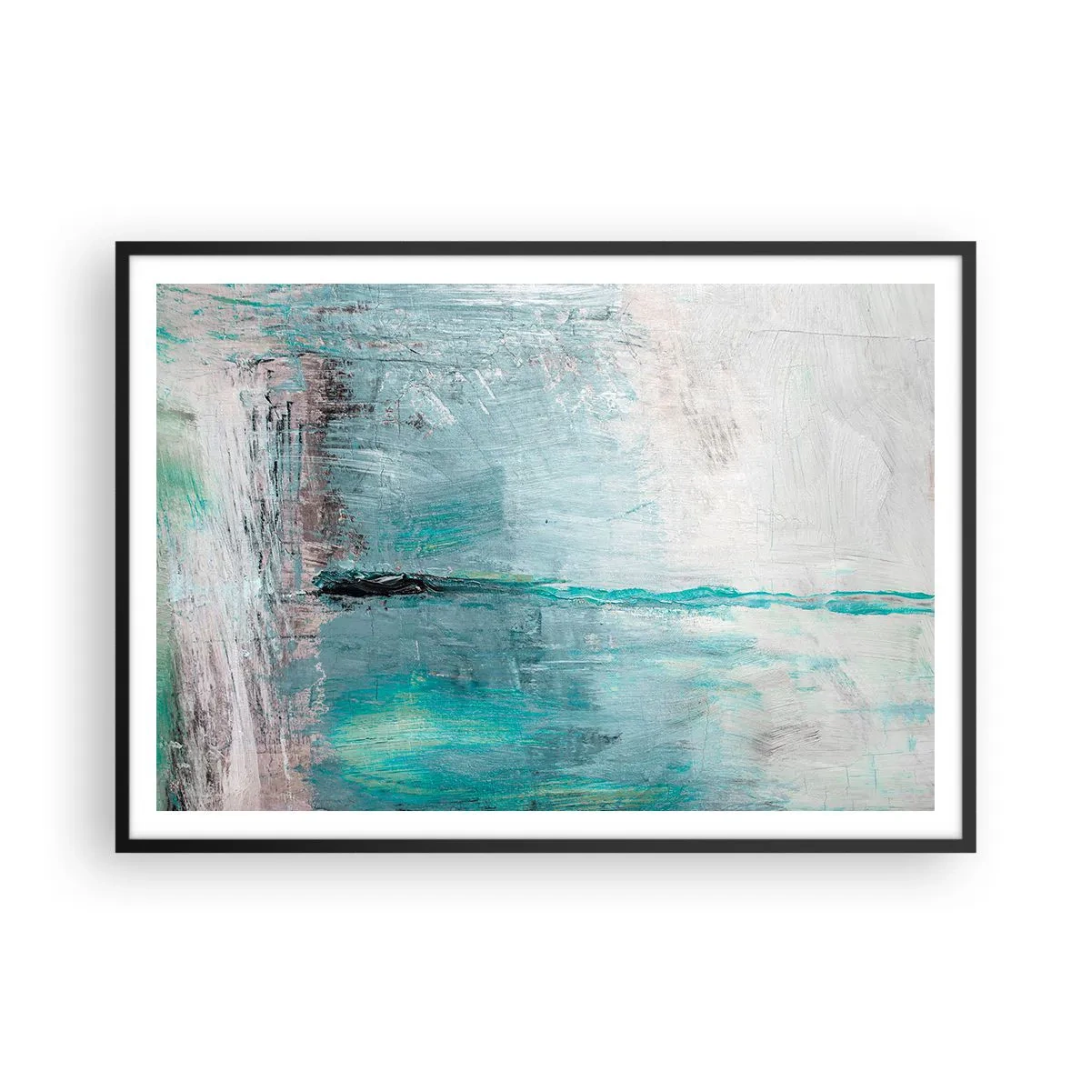 Poster in cornice nera - Astrazione nei toni del turchese e del grigio - 100x70cm - Orizzonte nel blu - Decorazione murale moderna per soggiorno e camera da letto ARTTOR