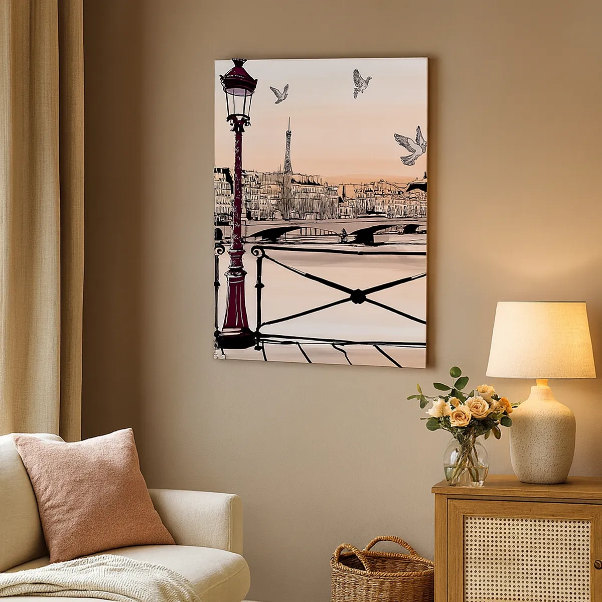 Quadro su tela - Stampe su Tela - Veduta parigina con lanterna e ponte - 50x70cm - Sui tetti di Parigi - Decorazione murale moderna per soggiorno e camera da letto ARTTOR