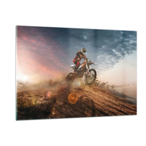 Quadro su vetro - Motociclista nel deserto in un ambiente dinamico - 120x80cm - Verso la vittoria - Decorazione murale moderna per soggiorno e camera da letto ARTTOR