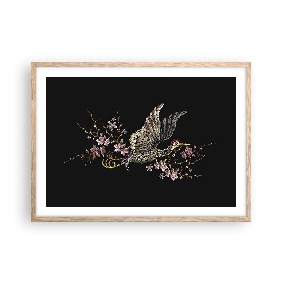 Poster in cornice rovere chiaro - Uccello esotico ricamato - 70x50 cm