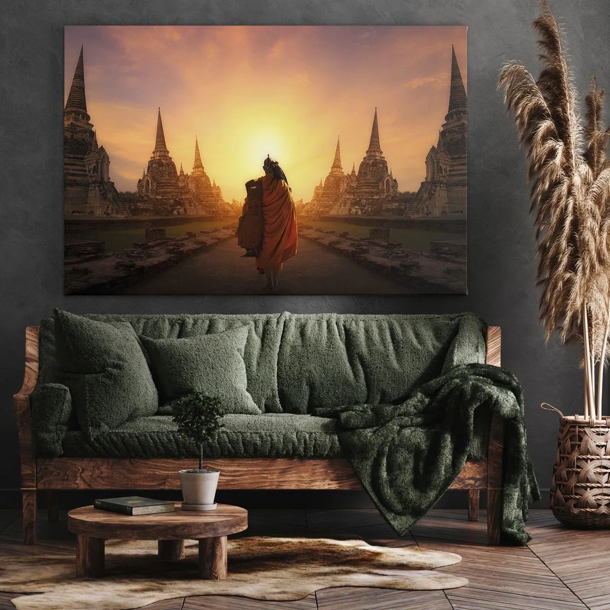 Quadro su tela - Stampe su Tela - Un monaco tra i templi al tramonto - 70x50cm - In pace per l'eternità - Decorazione murale moderna per soggiorno e camera da letto ARTTOR