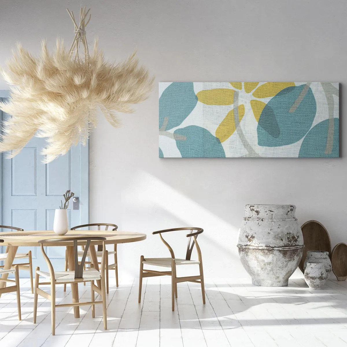 Quadro su tela - Stampe su Tela - Foglie nei toni del turchese e del giallo su uno sfondo chiaro - 140x50cm - Tra le foglie azzurre - Decorazione murale moderna per soggiorno e camera da letto ARTTOR