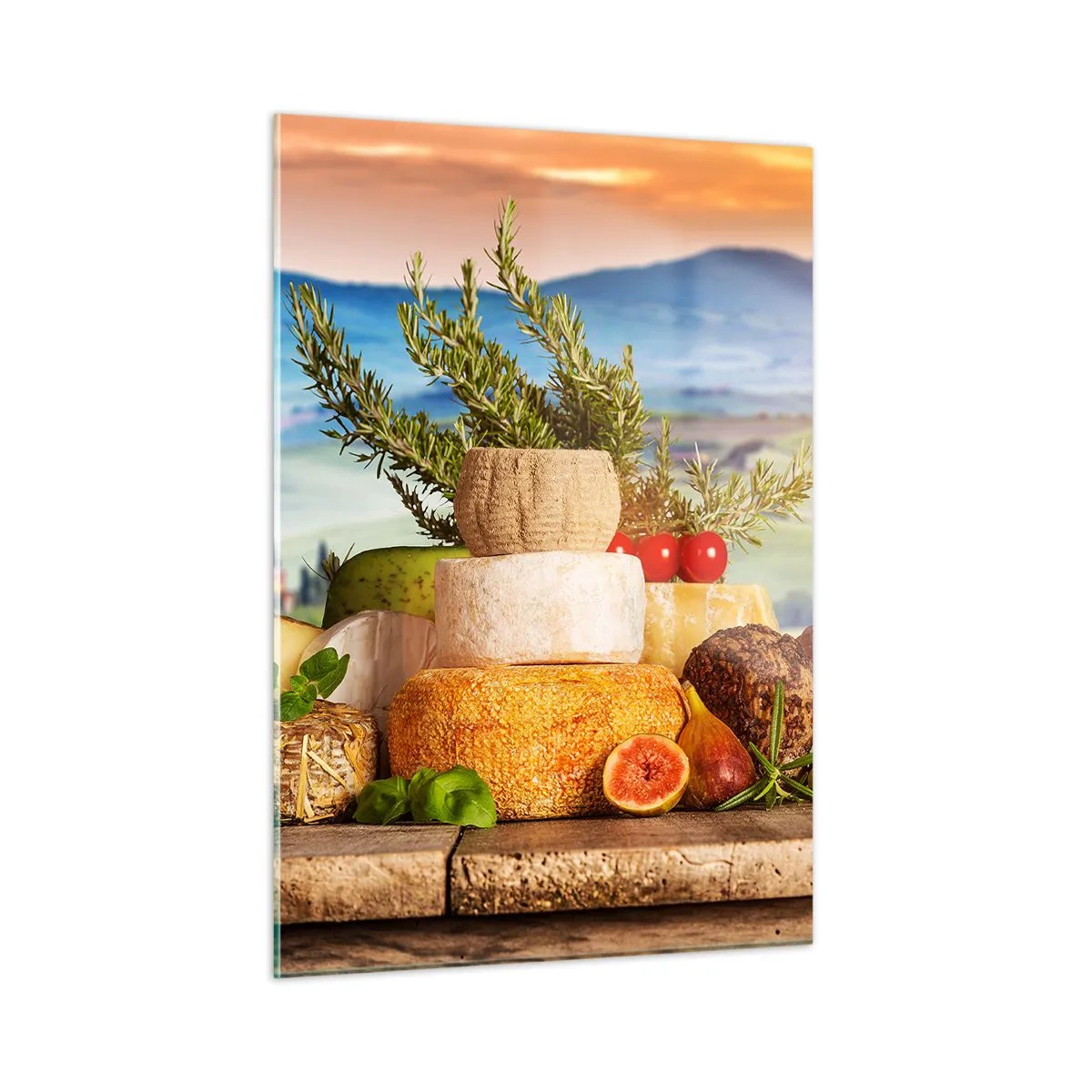 Quadro su vetro - Una composizione di formaggi e frutta sullo sfondo del paesaggio toscano - 50x70cm - La gioia italiana della vita - Decorazione murale moderna per soggiorno e camera da letto ARTTOR