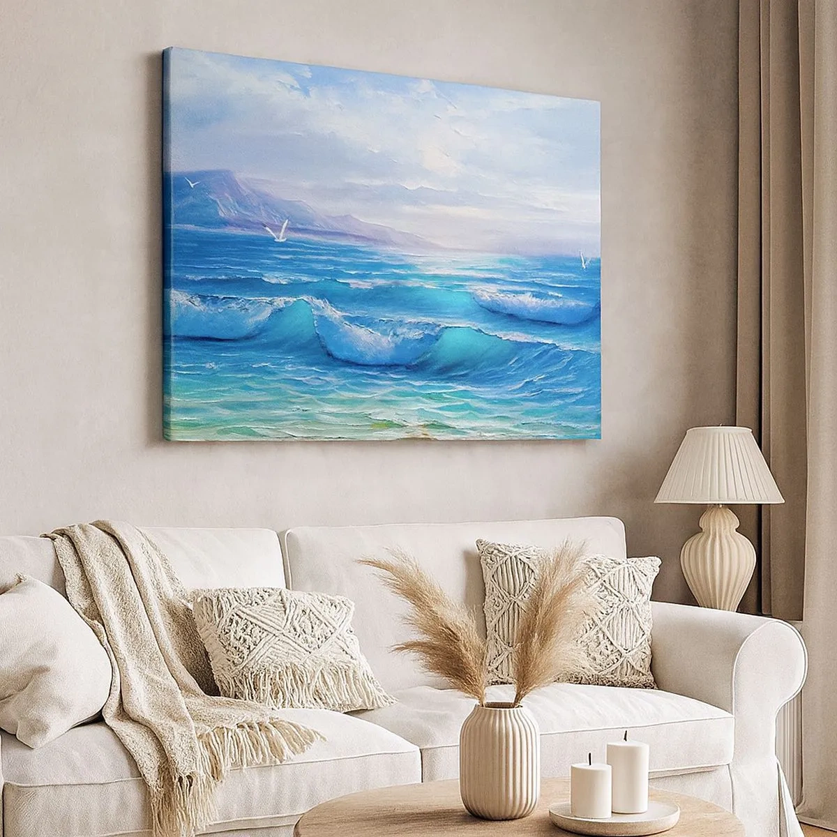 Quadro su tela - Stampe su Tela - Un pittoresco paesaggio marino con onde e cielo azzurro - 70x50cm - Porta sollievo - Decorazione murale moderna per soggiorno e camera da letto ARTTOR