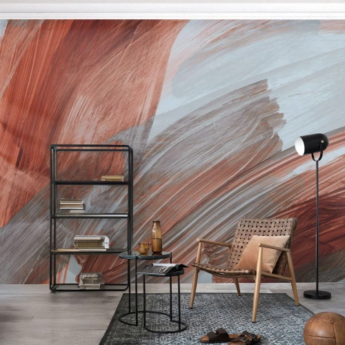 Fotomurali Premium Canvas - Pennellate astratte nei toni del rame e del grigio - 100x70cm - Astrazione autunnale e ventosa - Decorazione murale moderna per soggiorno e camera da letto ARTTOR