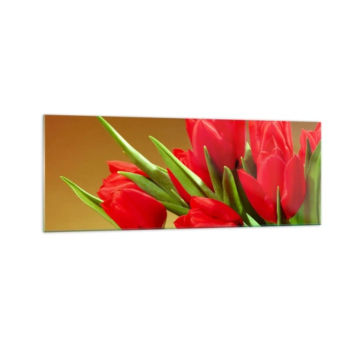 Quadro su vetro - Un bouquet di tulipani rossi su uno sfondo dorato con foglie verdi. - 140x50cm - Un mazzo di gioia primaverile - Decorazione murale moderna per soggiorno e camera da letto ARTTOR