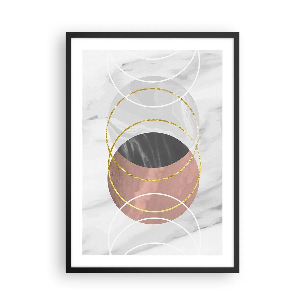 Poster in cornice nera - Composizione astratta con cerchi e accenti dorati - 50x70cm - La musica delle sfere - Decorazione murale moderna per soggiorno e camera da letto ARTTOR