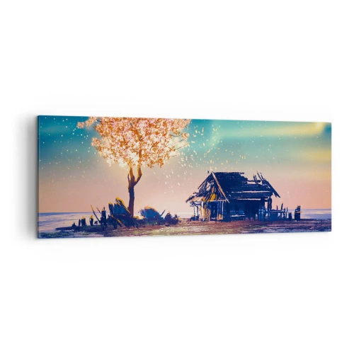 Quadro su tela - Stampe su Tela - Una casa e un albero in fiore sotto il cielo notturno - 140x50cm - La natura non passa - Decorazione murale moderna per soggiorno e camera da letto ARTTOR