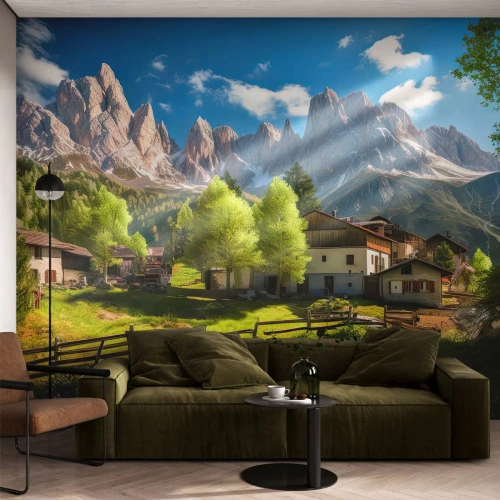 Fotomurali Premium Sand - Un pittoresco villaggio ai piedi delle Alpi innevate - 100x70cm - Idillio alpino - Decorazione murale moderna per soggiorno e camera da letto ARTTOR