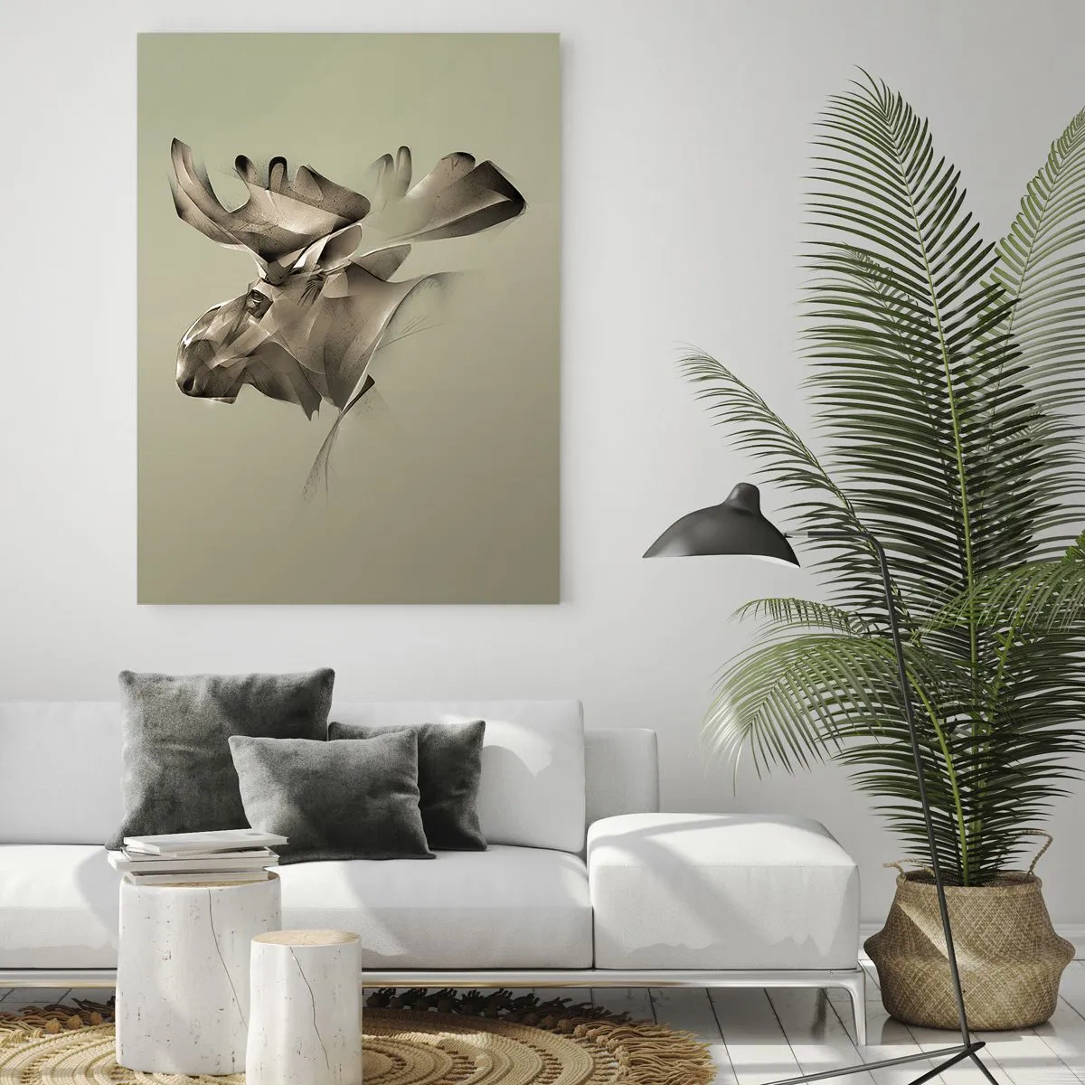 Quadro su vetro - Un'immagine moderna di un alce su uno sfondo verde - 50x70cm - La forza mite della tranquillità - Decorazione murale moderna per soggiorno e camera da letto ARTTOR