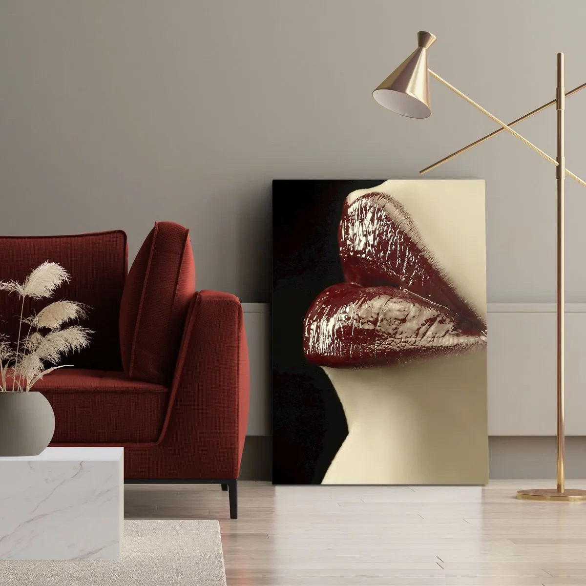 Quadro su tela - Stampe su Tela - Labbra rosse e rossetto su sfondo nero - 70x100cm - Sensualità e splendore del carminio - Decorazione murale moderna per soggiorno e camera da letto ARTTOR